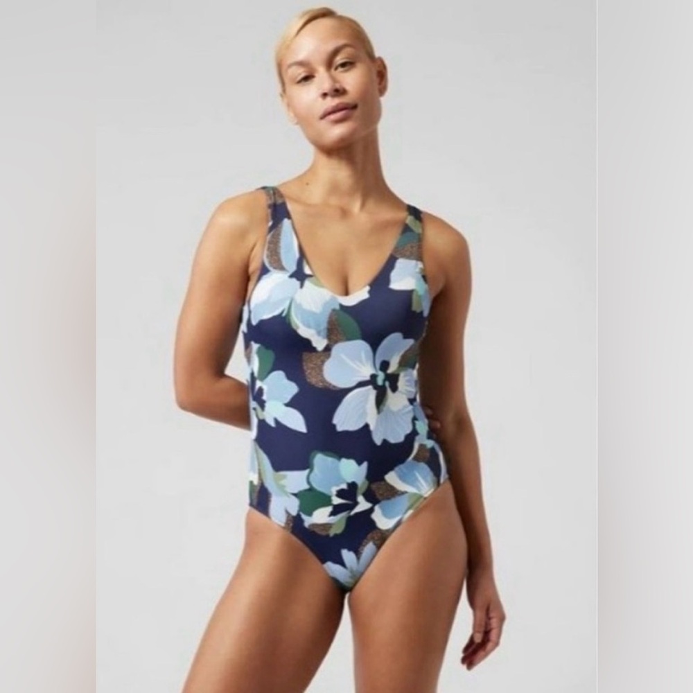 NWT, Athleta Womens Floral Sleeveless Halter Neck One-Piece Swimsuit Size Large